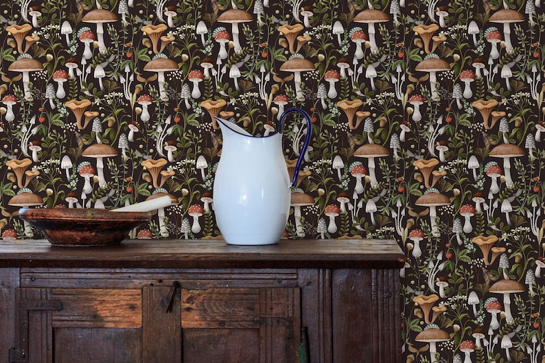 Dark botanical mushroom fabric peel and stick wallpaper with cabinet and water pitcher