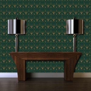 Black and gold antique Art Deco geometric fabric peel and stick wallpaper with mantle and lamps