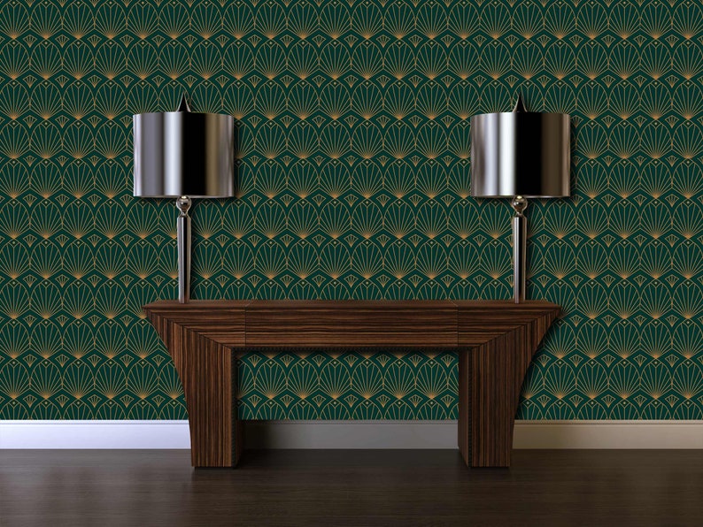 Black and gold antique Art Deco geometric fabric peel and stick wallpaper with mantle and lamps
