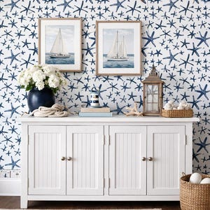 Beach House Wallpaper, Tropical Wallpaper, Nautical Wallpaper, Starfish Wallpaper, Peel and Stick Wallpaper, Fabric Wallpaper image 1