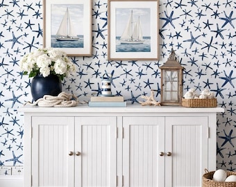 Beach House Wallpaper, Tropical Wallpaper, Nautical Wallpaper, Starfish Wallpaper, Peel and Stick Wallpaper, Fabric Wallpaper