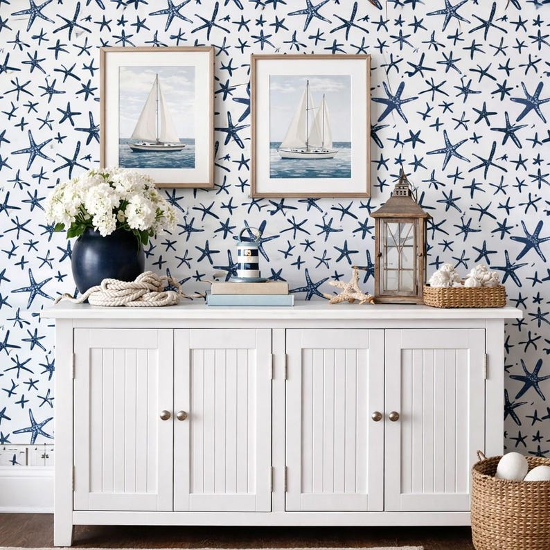Beach House Wallpaper, Tropical Wallpaper, Nautical Wallpaper, Starfish Wallpaper, Peel and Stick Wallpaper, Fabric Wallpaper image 1