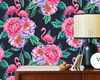 Tropical Wallpaper, Retro Wallpaper, Flamingo Wallpaper, Floral Wallpaper, Mid Century Wallpaper, Peel and Stick Wallpaper, Fabric Wallpaper