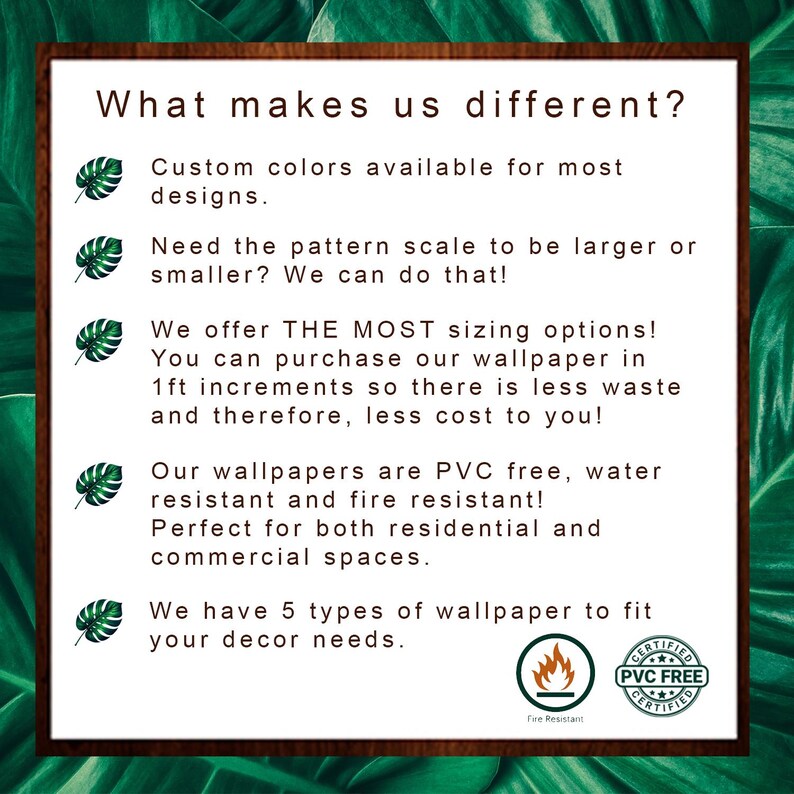 Puede incluir: Un gr&aacute;fico enmarcado con el texto "&iquest;Qu&eacute; nos diferencia?" y detalles sobre las opciones de papel pintado, incluyendo colores personalizados, tama&ntilde;os y materiales. La imagen incluye una certificaci&oacute;n de resistencia al fuego y una certificaci&oacute;n libre de PVC.