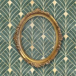 May include: A gold-colored ornate picture frame with a decorative design. The frame is empty and has a smooth, reflective surface.