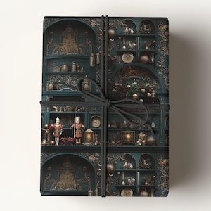 May include: A dark blue and gold wrapping paper with a repeating pattern of a vintage cabinet filled with ornaments and toys. The cabinet has a dark wood finish and is decorated with gold accents. The paper is perfect for wrapping gifts for the holidays.