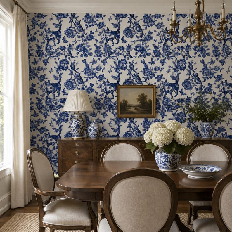 Puede incluir: Un comedor con papel pintado floral azul y blanco con ciervos y motivos florales. Una mesa de madera est&aacute; decorada con un jarr&oacute;n de flores blancas y un plato azul y blanco. Tambi&eacute;n se ven un aparador de madera y una l&aacute;mpara de ara&ntilde;a.