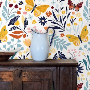 Butterfly Wallpaper, Botanical Wallpaper, Garden Wallpaper, Nursery Wallpaper, Peel and Stick Wallpaper, Fabric Wallpaper