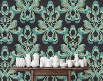 Moody Victorian Damask Bird Wallpaper, Dark Antique Wallpaper, Botanical Wallpaper, Vintage Wallpaper, Peel and Stick Wallpaper, Wall Mural
