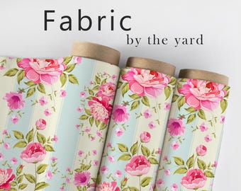 Pink Floral Stripe Fabric, Cottagecore Textiles, Vintage Roses Upholstery Material by the Yard, Romantic Shabby Chic Fabric for Décor