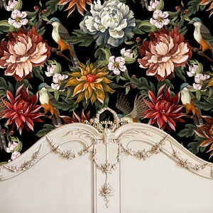Dark Floral Wallpaper, Botanical Wallpaper, Vintage Wallpaper, Bird Wallpaper, Garden Wallpaper, Fabric Peel & Stick Wallpaper