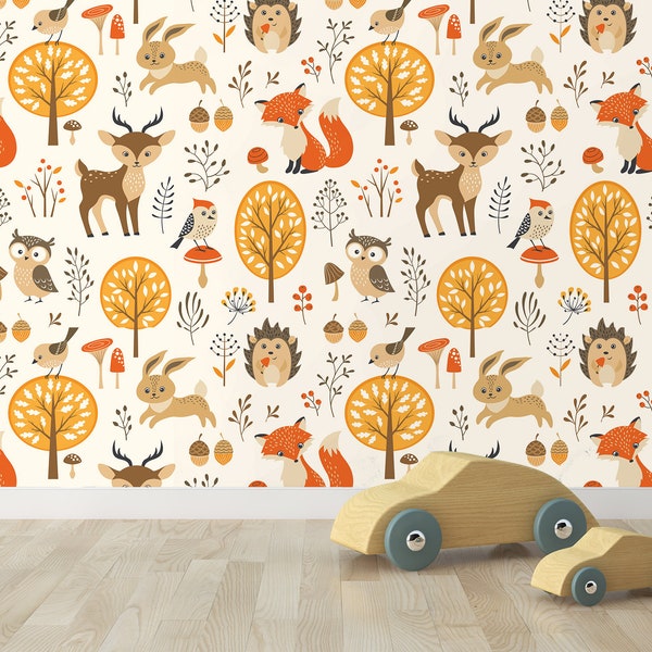 Woodland Wallpaper, Animal Wallpaper, Forest Animals Wallpaper, Peel and Stick Wallpaper, Woods Nursery Wallpaper, Fabric Wallpaper