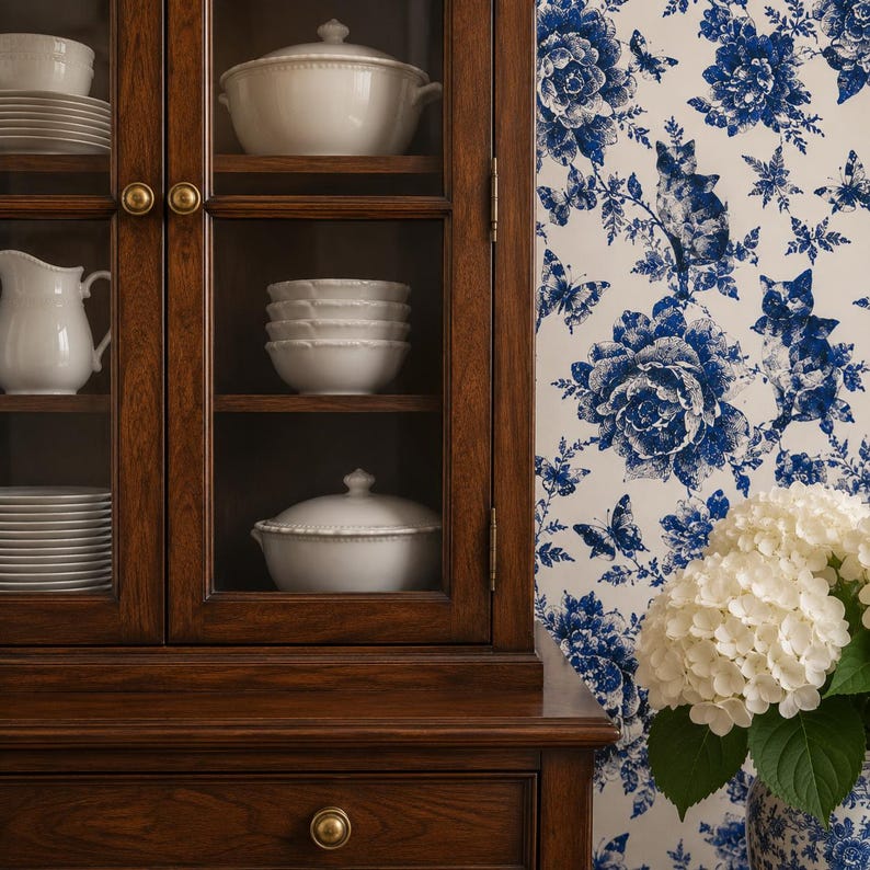Puede incluir: Un armario de madera oscura con puertas de cristal exhibe platos, cuencos y fuentes blancos. A la derecha se ve un papel pintado floral azul y blanco. Un jarr&oacute;n blanco con flores blancas est&aacute; en primer plano.