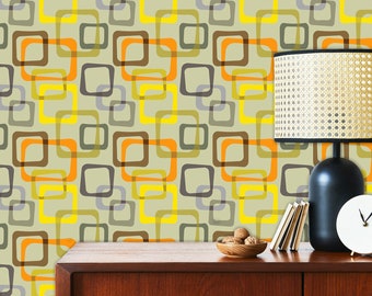 Retro Wallpaper, Mid Century Wallpaper, Vintage Wallpaper, Geometric Wallpaper, Yellow Wallpaper, Peel and Stick Wallpaper, Fabric Wallpaper