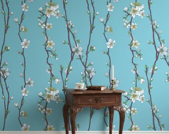 Papel pintado floral verde azulado, papel pintado chinoiseries, papel pintado de flores, papel pintado botánico, papel pintado azul cabaña, papel pintado autoadhesivo