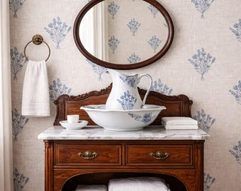Antique Wallpaper, Cottage Wallpaper, Farmhouse Wallpaper, Peel and Stick Wallpaper, Linen Look Floral Lavender Wallpaper, Fabric Wallpaper