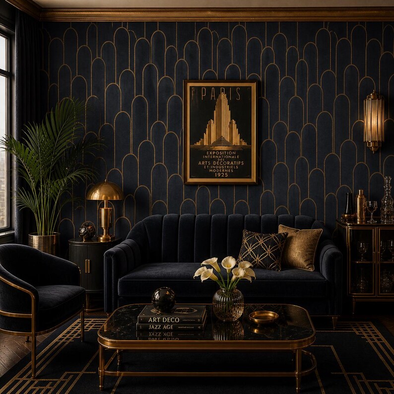 May include: An Art Deco-style living room with a navy blue sofa, armchair, and coffee table. The walls are navy blue with a gold pattern, and a framed poster reads "PARIS". A gold lamp and accents complete the luxurious look.