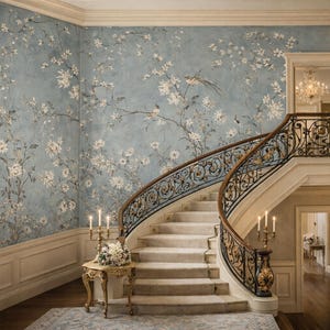 May include: A grand, curved staircase with ornate wrought iron railings and a light blue floral wallpaper backdrop. A small table with flowers and candles sits at the base of the stairs. The scene is illuminated by sconces and a chandelier.