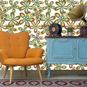 Vintage retro colorful floral fabric peel and stick wallpaper