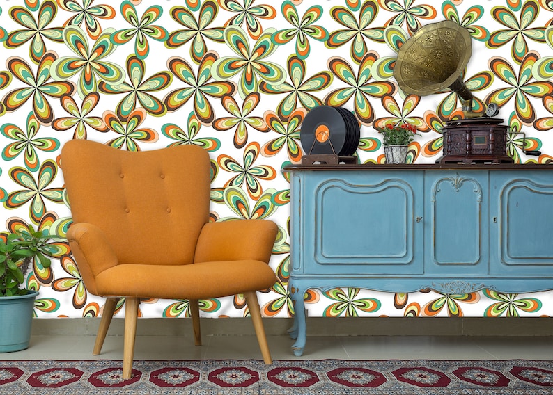 Vintage retro colorful floral fabric peel and stick wallpaper