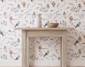 Watercolor Bird Wallpaper – Hand Painted Songbirds with Branches and Berries, Soft Botanical Nature Pattern, Vintage Inspired Wall Decor