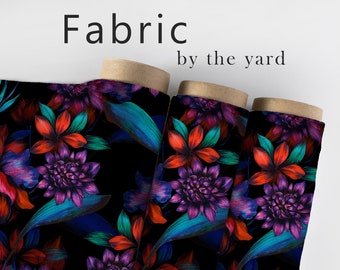Dark Floral Fabric, Flower Material, Botanical Textiles, Neon Design, Garden Cloth, Gothic Fabric, Moody Pattern, Fabric By The Yard