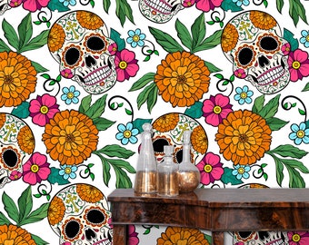 Skull Wallpaper, Gothic Wallpaper, Skeleton Wallpaper, Sugar Skull Wallpaper, Goth Wallpaper, Peel and Stick Wallpaper, Fabric Wallpaper