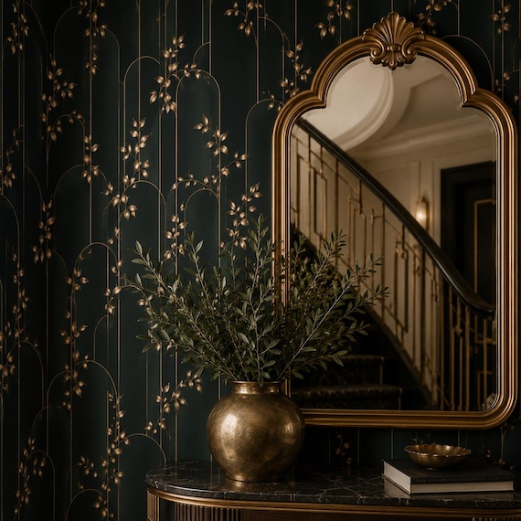 Art Deco Wallpaper, Moody Wallpaper, Dark Wallpaper, Antique Wallpaper, Art Nouveau Wallpaper,  Peel and Stick Wallpaper, Fabric Wallpaper