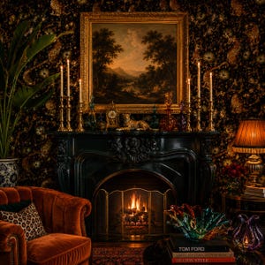 May include: A black fireplace mantel with a lit fire, topped with a gold-framed landscape painting, brass candlesticks, a leopard figurine, and a clock. A velvet armchair, a glass bowl, and books titled Tom Ford and John Derian are nearby.