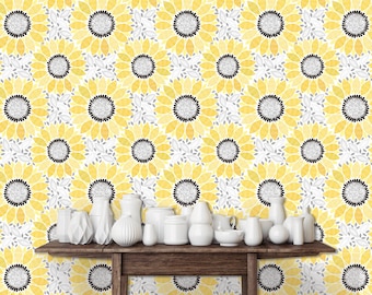 Cottage Wallpaper, Sunflower Wallpaper, Yellow Wallpaper, Farmhouse Floral Wallpaper, Peel and Stick Wallpaper, Fabric Wallpaper