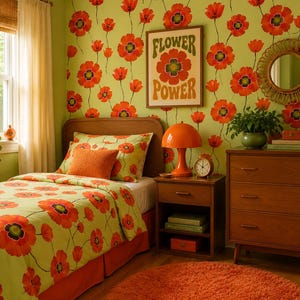 Puede incluir: Un dormitorio con un tema retro, con una cama con un edred&oacute;n floral y detalles en naranja. Las paredes est&aacute;n decoradas con un patr&oacute;n de flores de amapola y un p&oacute;ster de "Flower Power". Una l&aacute;mpara y una alfombra naranja completan la est&eacute;tica vintage.
