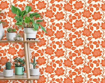 Retro Wallpaper, Mid Century Wallpaper, Vintage Wallpaper, Orange Wallpaper, Flower Peel and Stick Wallpaper, Fabric Wallpaper
