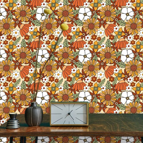 Retro Wallpaper Midcentury Wallpaper Orange Wallpaper Peel Etsy