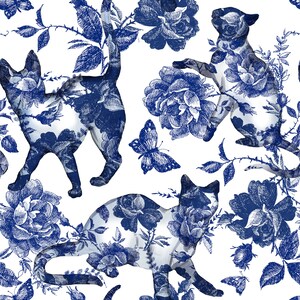 Blue cat and flower toile fabric peel and stick wallpaper sample
