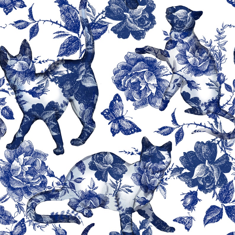 Blue cat and flower toile fabric peel and stick wallpaper sample