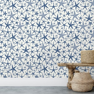 Blue starfish nautical fabric peel and stick wallpaper