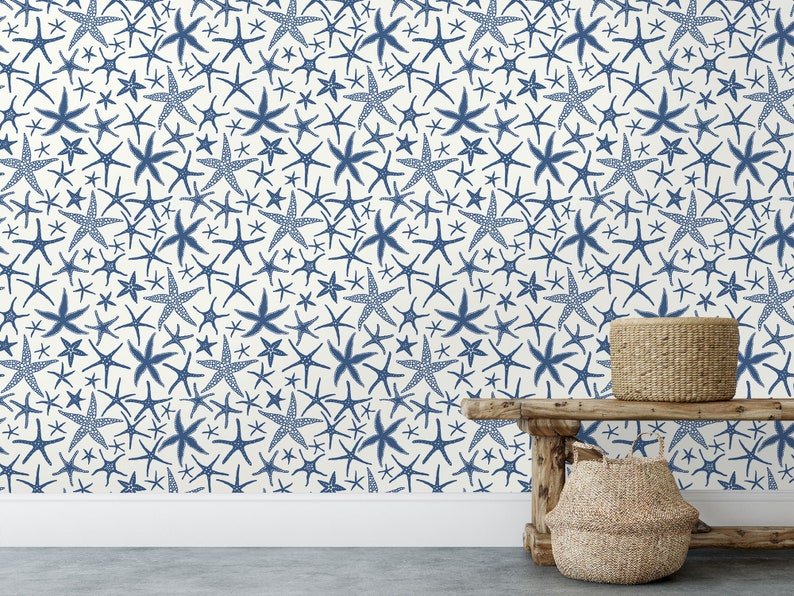 Blue starfish nautical fabric peel and stick wallpaper
