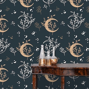 Witchy Wallpaper, Moon Wallpaper, Celestial Wallpaper, Mystical Wallpaper, Moody Wallpaper, Boho Wallpaper, Fabric Peel & Stick Wallpaper