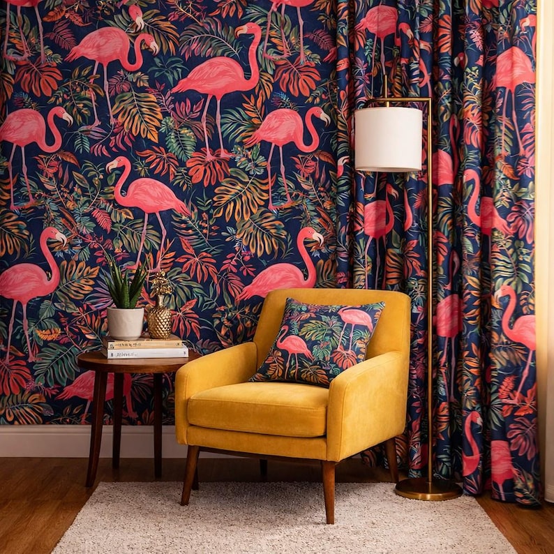 Retro Wallpaper, Palm Wallpaper, Flamingo Wallpaper, Tropical Wallpaper, Mid Century Wallpaper, Peel and Stick Wallpaper, Fabric Wallpaper Bild 6