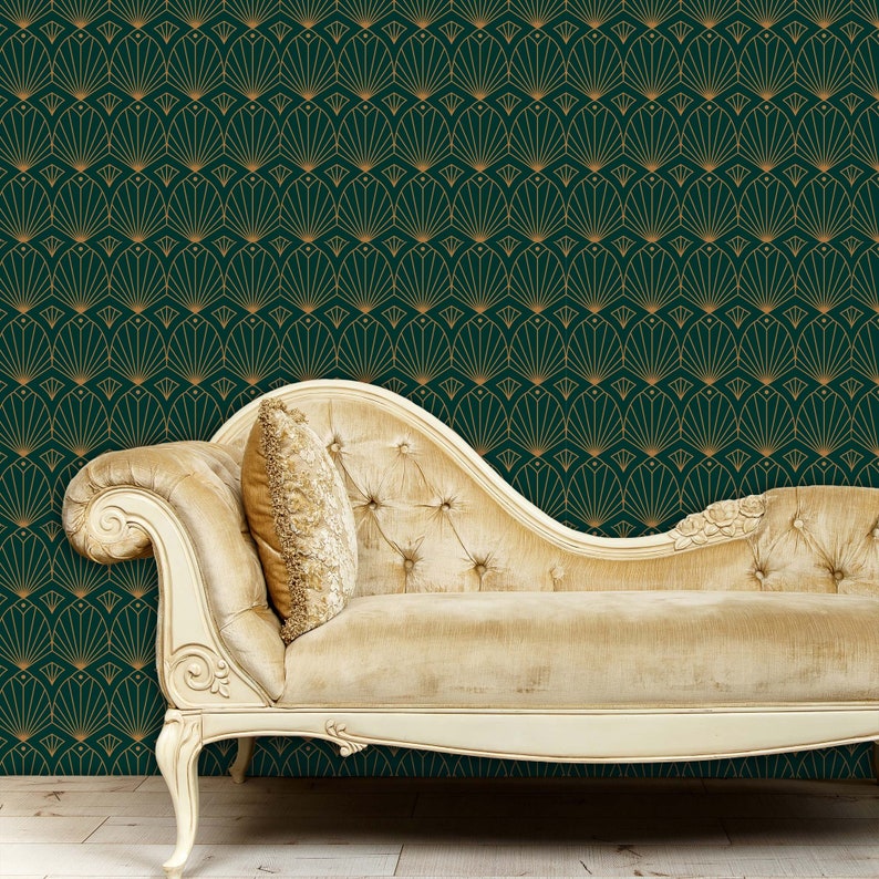 Black and gold antique Art Deco geometric fabric peel and stick wallpaper with gold sofa