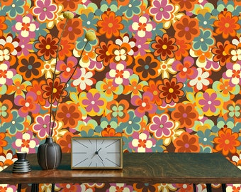 Retro Wallpaper, Mid Century Wallpaper, Vintage Wallpaper, Peel and Stick Wallpaper, Colorful Floral Wallpaper, Fabric Wallpaper