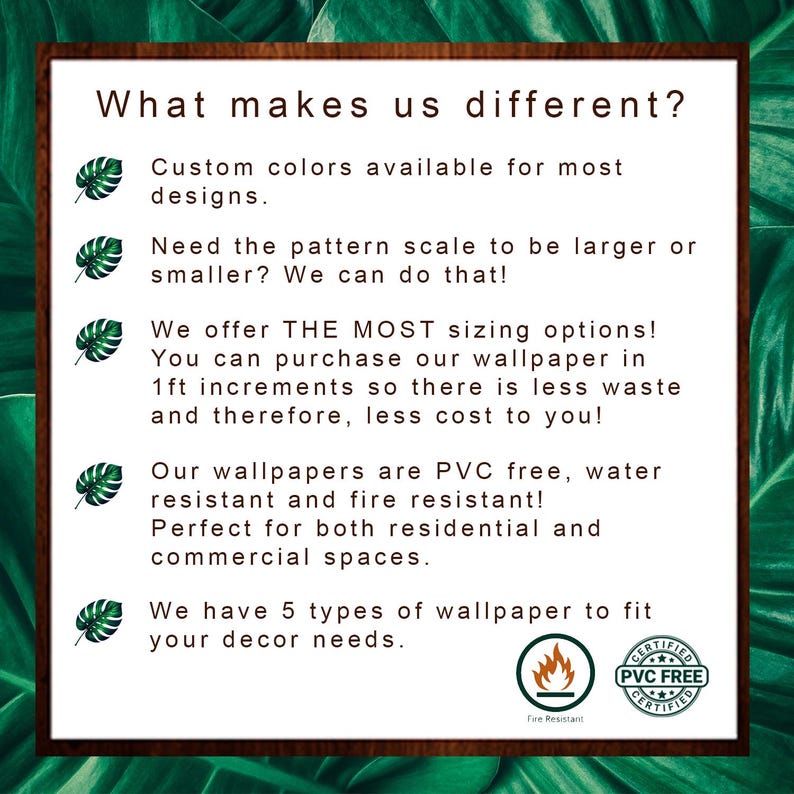 Puede incluir: Un gr&aacute;fico enmarcado con el texto "&iquest;Qu&eacute; nos diferencia?" y detalles sobre las opciones de papel pintado, incluyendo colores personalizados, tama&ntilde;os y materiales. La imagen incluye una certificaci&oacute;n de resistencia al fuego y una certificaci&oacute;n libre de PVC.