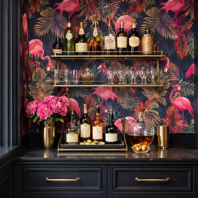 Retro Wallpaper, Palm Wallpaper, Flamingo Wallpaper, Tropical Wallpaper, Mid Century Wallpaper, Peel and Stick Wallpaper, Fabric Wallpaper Bild 7