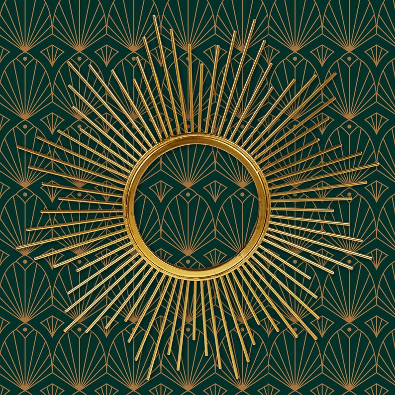 Black and gold antique Art Deco geometric fabric peel and stick wallpaper with gold mirror
