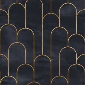 Moody dark Art Deco black and gold fabric peel and stick wallpaper sample