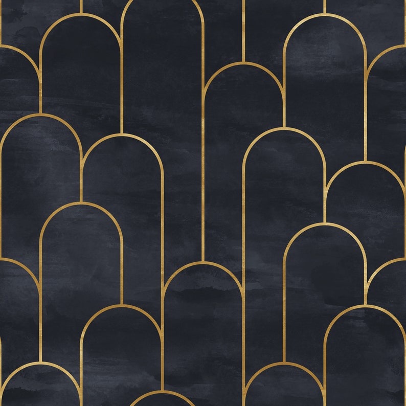 Moody dark Art Deco black and gold fabric peel and stick wallpaper sample