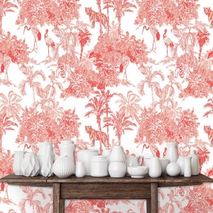 Jungle Wallpaper, Tropical Wallpaper, Victorian Wallpaper, Toile Wallpaper, Peel and Stick Wallpaper, Pink Wallpaper, Fabric Wallpaper