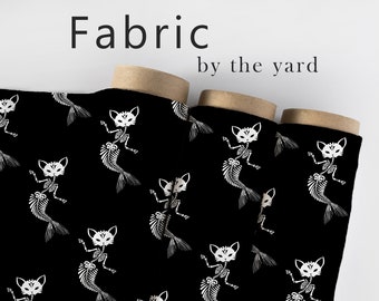 Skeleton Fabric, Kitten Mermaid Material, Gothic Textiles, Goth Design, Halloween Cloth, Maximalist Fabric, Dark Pattern, Fabric By The Yard