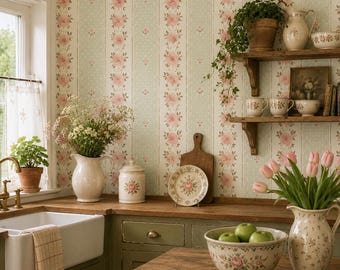 May include: A cozy kitchen scene with floral wallpaper and wooden countertops. A white farmhouse sink, green cabinets, and a wooden cutting board are visible. Decorative pitchers, bowls, and plates with floral patterns add to the vintage aesthetic. A vase of pink tulips and a bowl of green apples complete the scene.