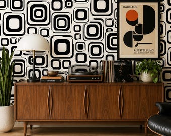 Papel pintado retro, papel pintado geométrico, papel pintado de mediados de siglo, papel pintado vintage en blanco y negro, papel pintado autoadhesivo, papel pintado de tela